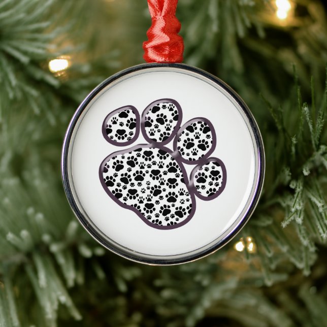 Paw Pattern, Dog Paws, Paw Prints, Black and White Metal Ornament (Tree)