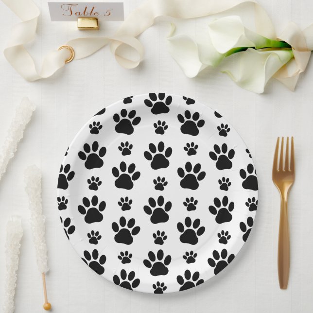 Paw Pattern, Dog Paws, Paw Prints, Black and White Paper Plate (Wedding)