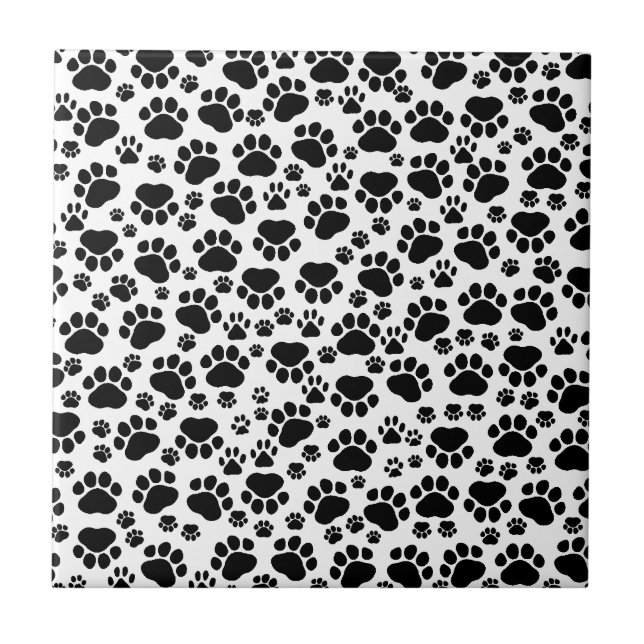 Paw Pattern, Dog Paws, Paw Prints, Black and White Tile (Front)