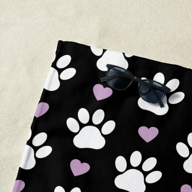 Paw Pattern, Dog Paws, White Paws, Lilac Hearts Beach Towel (In Situ)