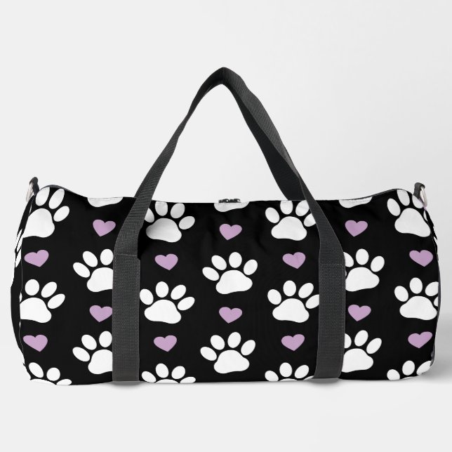 Paw Pattern, Dog Paws, White Paws, Lilac Hearts Duffle Bag (Front)
