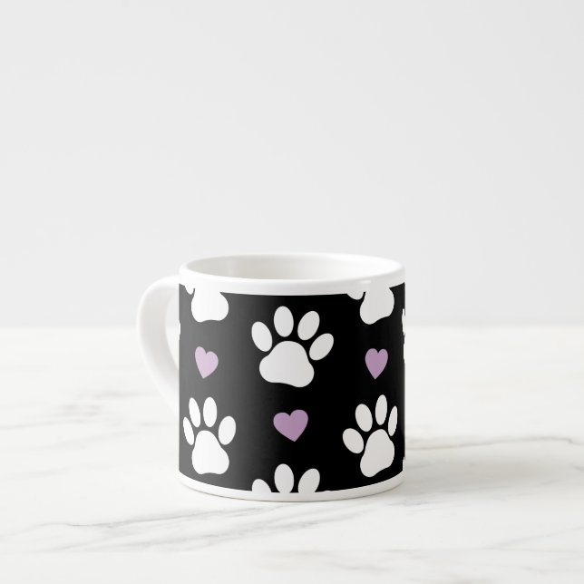 Paw Pattern, Dog Paws, White Paws, Lilac Hearts Espresso Cup (Front Left)