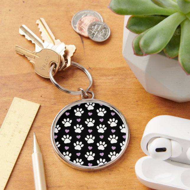 Paw Pattern, Dog Paws, White Paws, Lilac Hearts Keychain (Desk)
