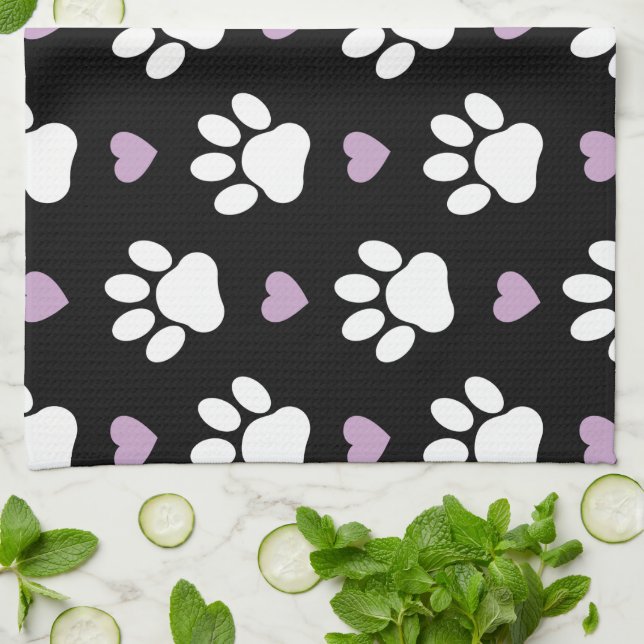 Paw Pattern, Dog Paws, White Paws, Lilac Hearts Kitchen Towel (Folded)