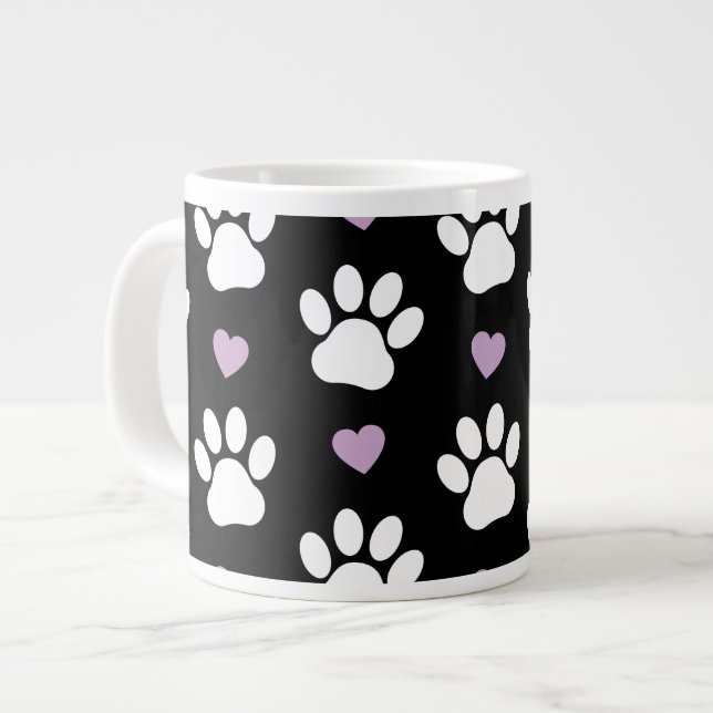 Paw Pattern, Dog Paws, White Paws, Lilac Hearts Large Coffee Mug (Front Left)