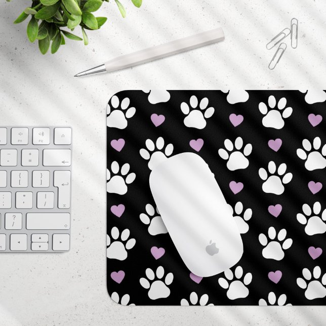 Paw Pattern, Dog Paws, White Paws, Lilac Hearts Mouse Pad (Creator Uploaded)