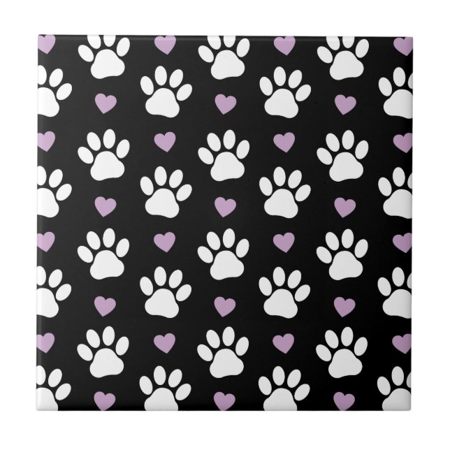 Paw Pattern, Dog Paws, White Paws, Lilac Hearts Tile (Front)