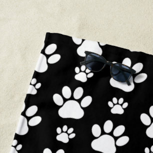 Paw Pattern, Paw Prints, Dog Paws, Black and White Beach Towel