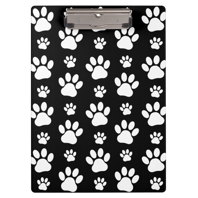 Paw Pattern, Paw Prints, Dog Paws, Black and White Clipboard (Front)