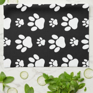 Paw Pattern, Paw Prints, Dog Paws, Black and White Kitchen Towel