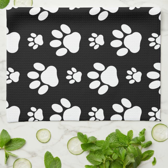 Paw Pattern, Paw Prints, Dog Paws, Black and White Kitchen Towel (Folded)