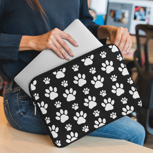 Paw Pattern, Paw Prints, Dog Paws, Black and White Laptop Sleeve (Creator Uploaded)