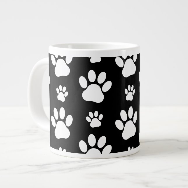 Paw Pattern, Paw Prints, Dog Paws, Black and White Large Coffee Mug (Front Left)