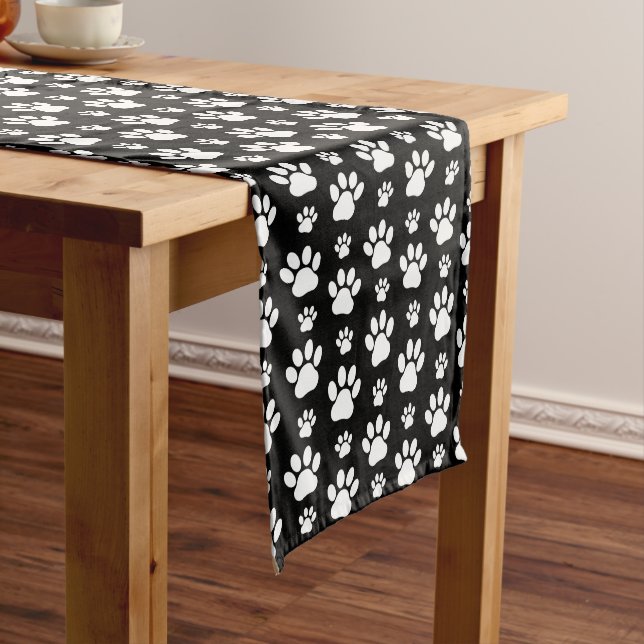 Paw Pattern, Paw Prints, Dog Paws, Black and White Medium Table Runner (In Situ)