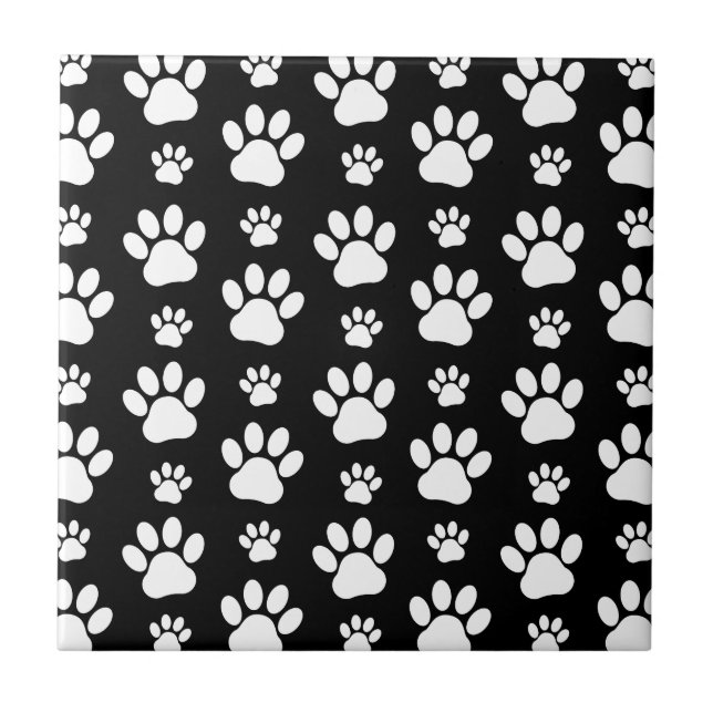 Paw Pattern, Paw Prints, Dog Paws, Black and White Tile (Front)