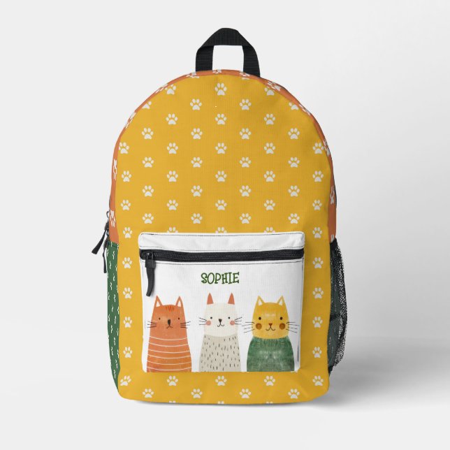 Paw Pattern Whimsical Cats Colourful Custom Name Printed Backpack (Front)