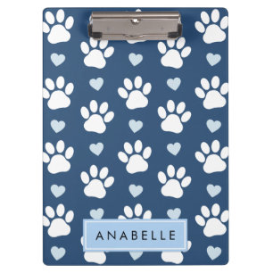 Paw Pattern, White Paws, Blue Hearts, Your Name Clipboard