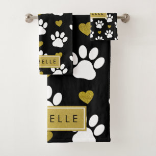 Paw Pattern, White Paws, Gold Hearts, Your Name Bath Towel Set