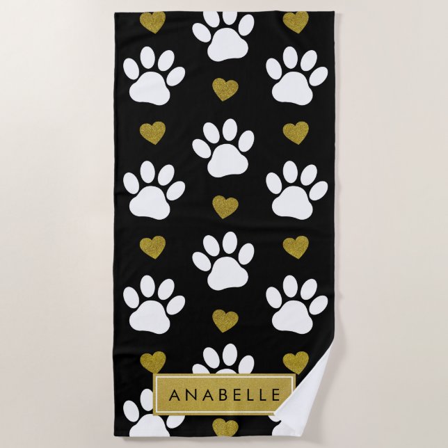 Paw Pattern, White Paws, Gold Hearts, Your Name Beach Towel (Front)