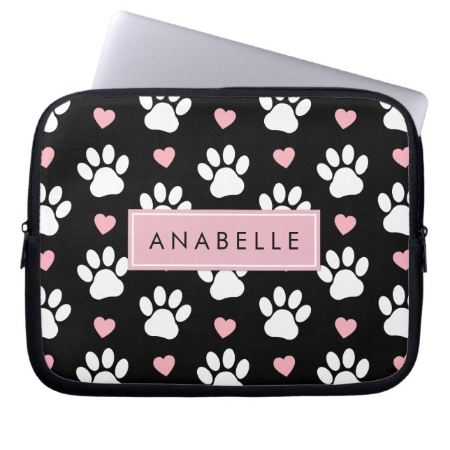 Paw Pattern, White Paws, Pink Hearts, Your Name Laptop Sleeve (Front)