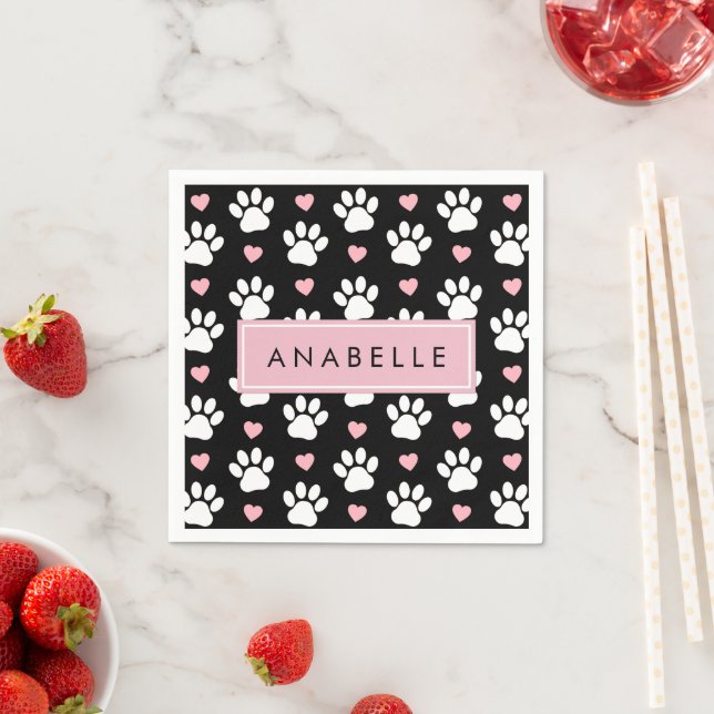 Paw Pattern, White Paws, Pink Hearts, Your Name Napkin (Insitu)