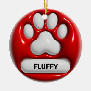 Paw Pet Print 3D Red White Personalized Name Ceramic Ornament