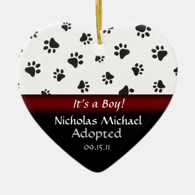 Paw Print Adoption Announcement Keepsake Ceramic Ornament (Front)