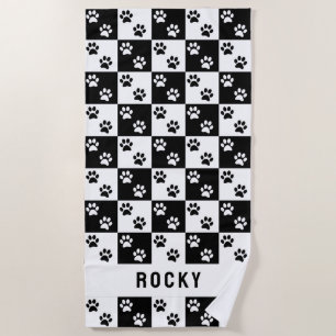 Paw print black and white check pattern with name beach towel