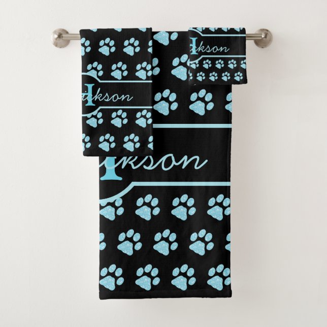 Paw Print Blue Glitter Monogram Name Cat Dog Paw Bath Towel Set (Insitu)