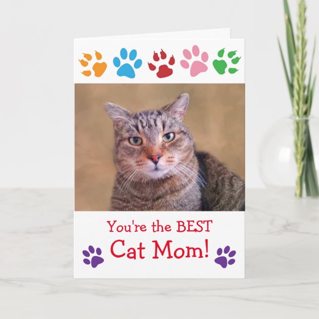 Paw Print Cat Mom Photo Birthday Card (Front)