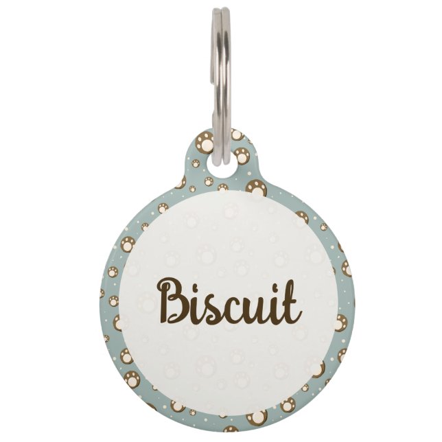 Paw Print Cookies Green Pattern Monogram Pet Tag (Front)