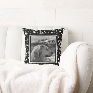 Paw Print Custom Pet Photo Pillow Black and White