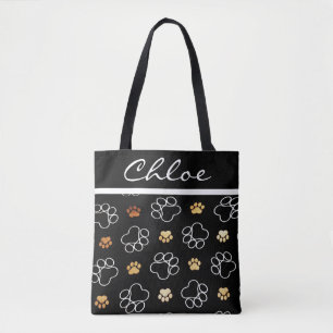 Paw Print Dog Cat Black Customize Name Tote Bag
