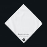 Paw Print Dog Groomer Business Promotional Pet Bandana<br><div class="desc">Simple, modern and minimal dog groomer promotional pet bandana featuring a paw print along with "Pampered by" and your company name in a modern font. Perfect for pet grooming professionals for your furry clients to wear after their groom to promote your business. White background with black text which can be...</div>