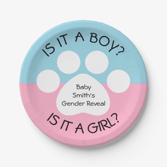 Paw Print Gender Reveal Paper Plate (Front)