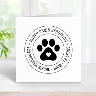 Paw Print Grooming Business Heart Round Address Rubber Stamp