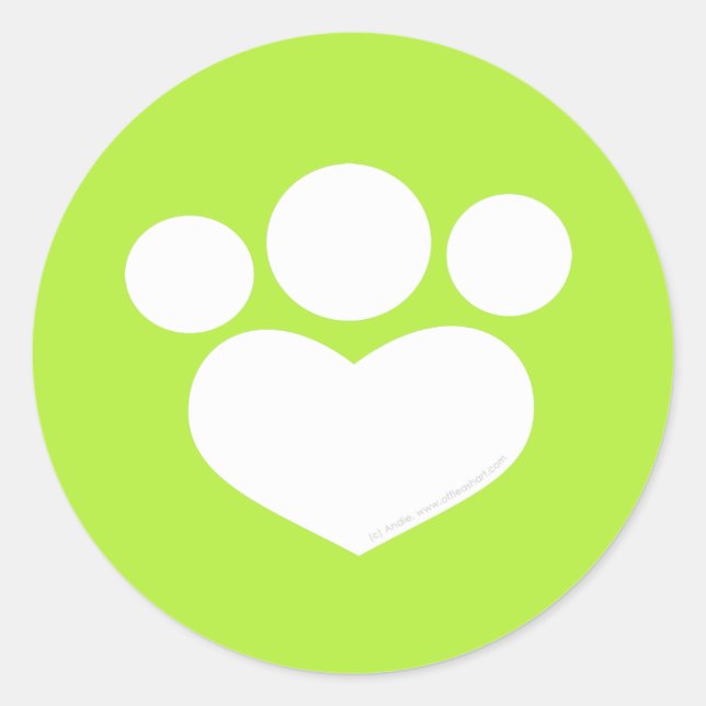 Paw Print Heart 3 inch Olive Green Classic Round Sticker (Front)