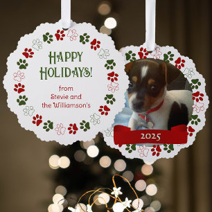 Paw Print in Christmas Colours Photo Template Ornament Card