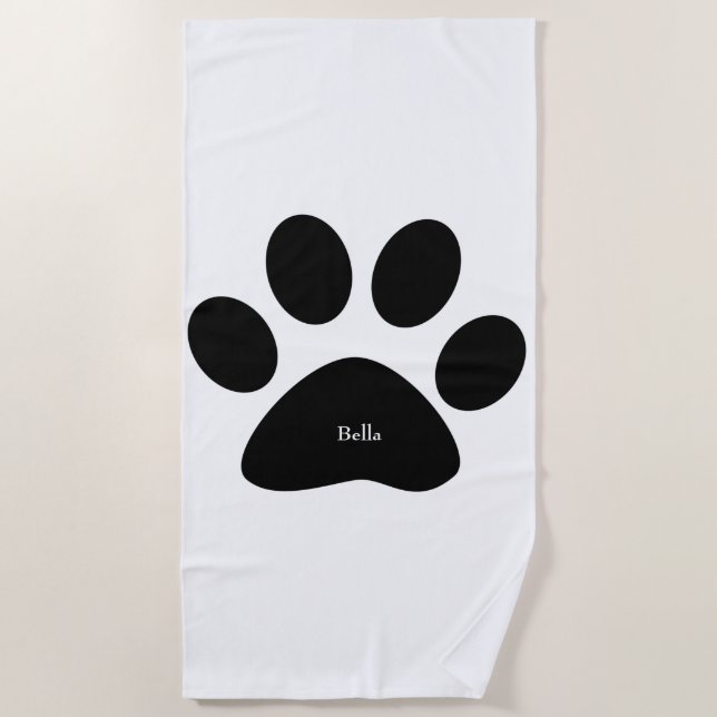 Paw Print Large Pattern Custom Name Black White Beach Towel (Front)