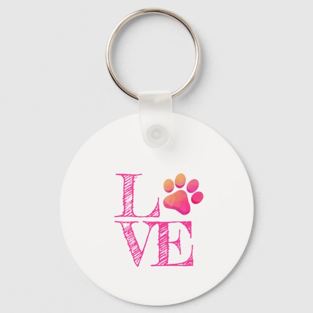 Paw Print LOVE Pink Orange Family Pet Fun Keychain (Front)