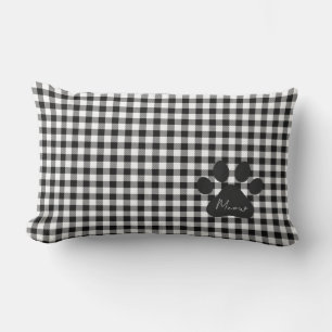 Paw Print MEOW Gingham Classic Black White Cats Lumbar Pillow