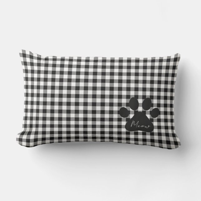 Paw Print MEOW Gingham Classic Black White Cats Lumbar Pillow (Front)