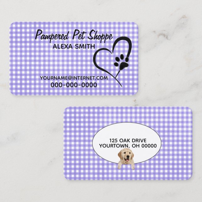 Paw Print On Gingham for Pet Grooming Business Card (Front/Back)