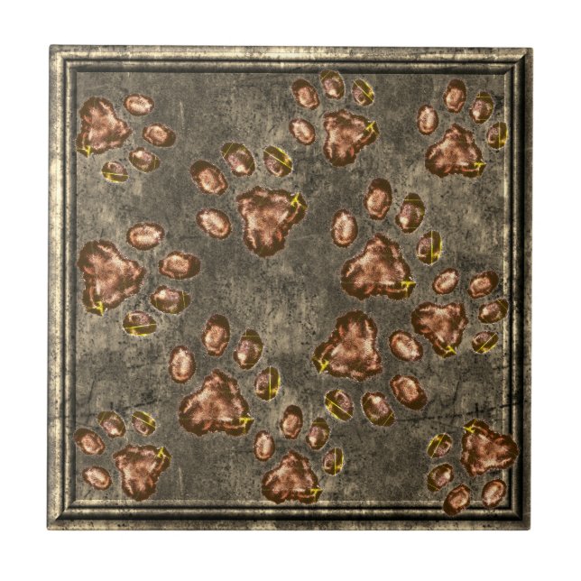 Paw Print Pattern Brass Copper Framed Tile (Front)