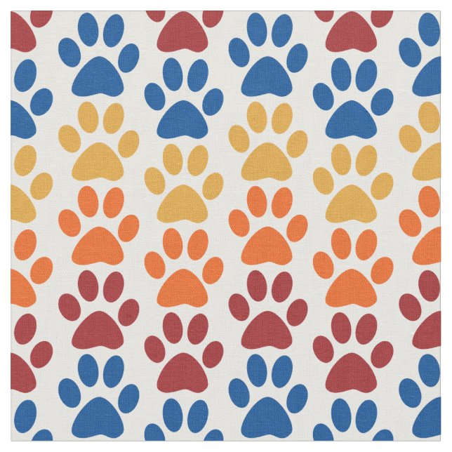 Paw Print Pattern in Red, Blue, Yellow, Orange Fabric (Close Up)