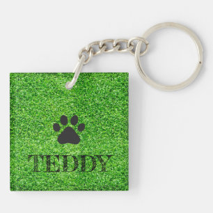 Paw Print PET NAME Grass Dog Cat Sitter Fun Keychain