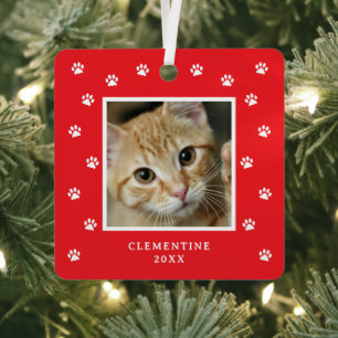 Paw Print Pet Photo Christmas Metal Ornament