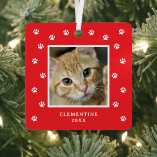 Paw Print Pet Photo Christmas Metal Ornament
