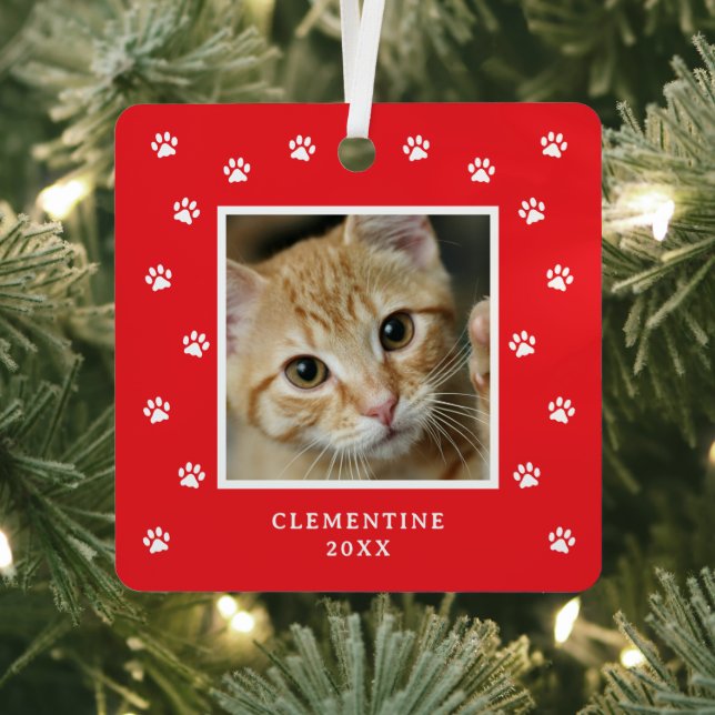 Paw Print Pet Photo Christmas Metal Ornament (Insitu)