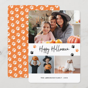 Paw Print Pet Photo Collage Orange Halloween Card